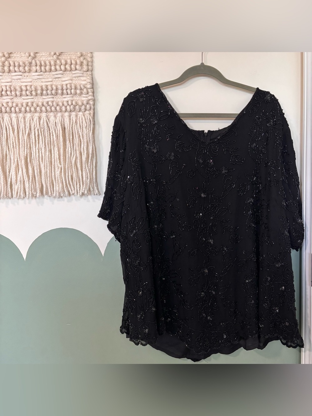 Vintage Black Beaded Women's Short Sleeve Top